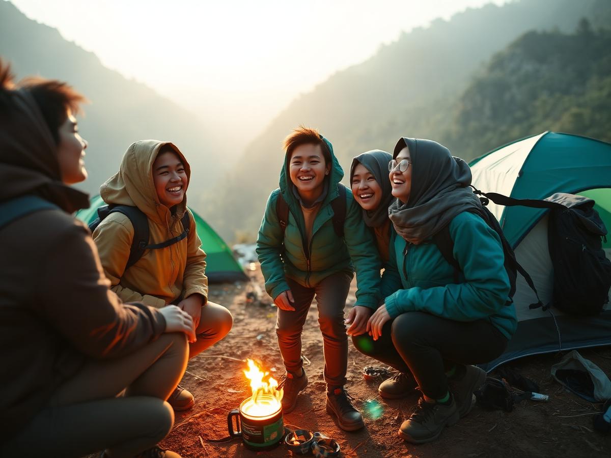Sekelompok pendaki tertawa bersama di camp gunung